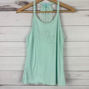 Betsey Johnson Rhinestone Mrs. Lace & Bow Sleep Tank, Aqua, Bridal *FLAW* Medium
